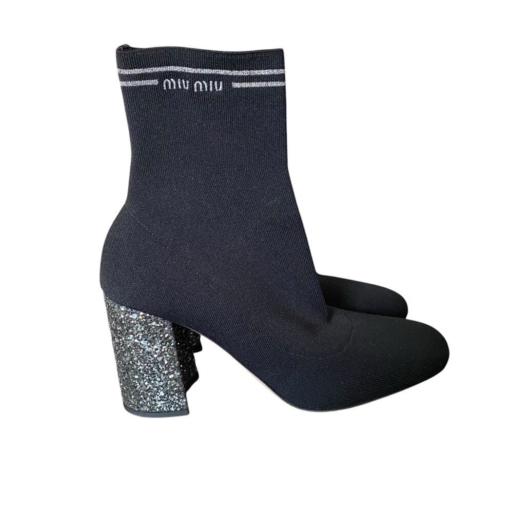 Miu Miu Black Stretch Knit Ankle Boots Silver Glitter Heel 35 US 5 - Picture 4 of 12